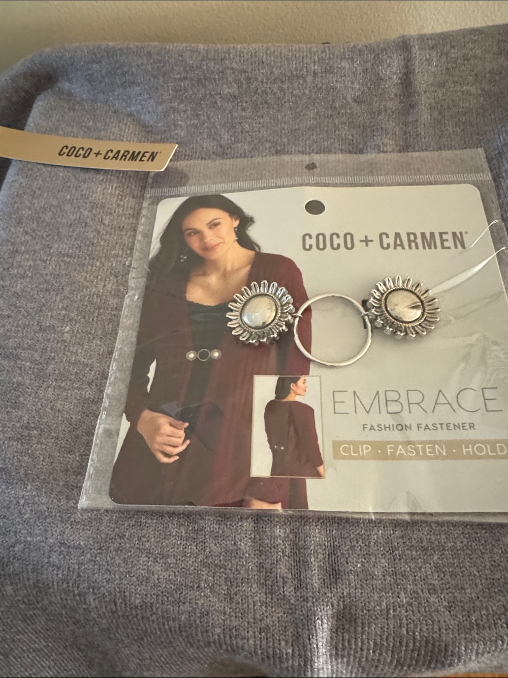 Coco + Carmen Heather gray wrap w/Silver Sunburst fasteners